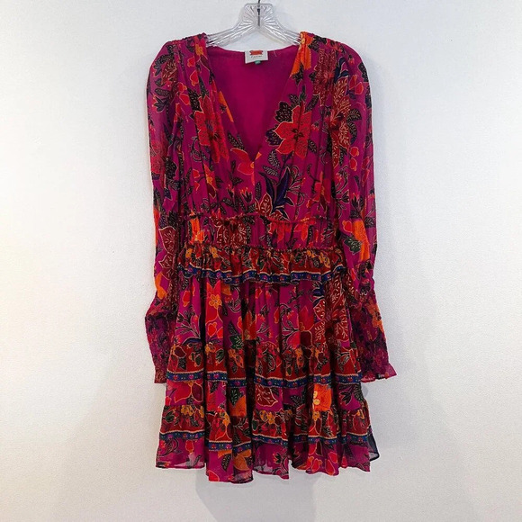 Farm Rio Colorful Pink Floral Tropical V Neck Tiered Long Sleeve Mini Dress XS - Picture 2 of 9